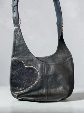 Brighton Black Leather Heart-Accent Shoulder Bag